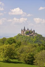 Hohenzollern Castle near Hechingen, cloudy sky, Zollernalbkreis, Swabian Alb, Baden-Wuerttemberg,