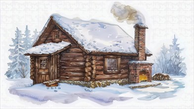 Rustic log cabin with a chimney emitting smoke, surrounded by snow and pine trees, AI generated