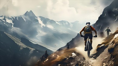 Abstract vintage grungy poster of a mountain biker on a trail in the Alps, AI generated