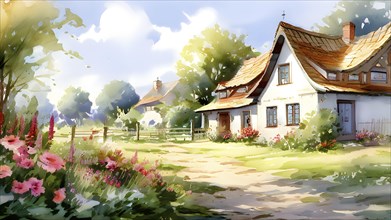 Watercolor depiction of a village in summer in the warmth of the sun, AI generated
