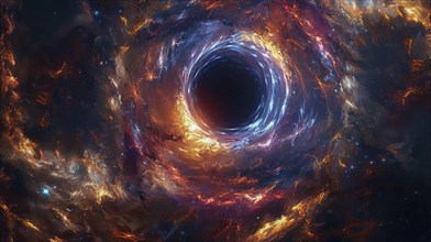 A glowing black hole with swirling orange and blue cosmic gases in a dark space, AI generated