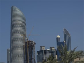 Skyline with modern skyscrapers and a crane under construction, surrounded by palm trees and a