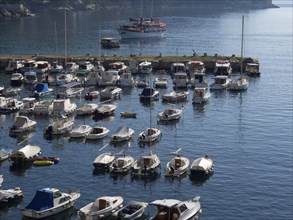 Marina with many boats, the water is calm, surrounded by urban structures and coastline, the old