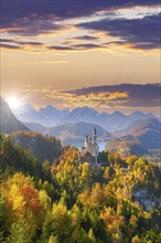 Neuschwanstein Castle in autumn, behind Alpsee, Schwangau, Ostallgaeu, Allgaeu, Swabia, Upper