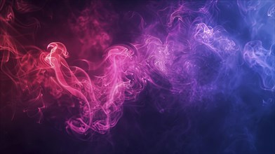 Vivid and mystical abstract artwork with pink, purple, and blue smoke on a dark background, AI