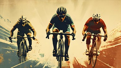 Vintage grungy poster of cyclists, AI generated