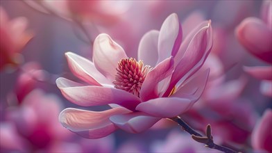 Close-up of a pink magnolia blossom with soft lighting and a bokeh background creating a delicate
