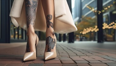 Woman shows leg tattoos and wears bright high heels on a modern city backdrop with lights, AI