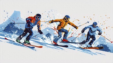 Three skiers skiing down a mountain slope in colorful attire with splashes of snow, AI generated