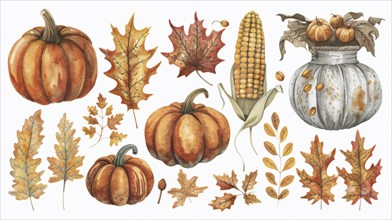Watercolor illustration of pumpkins, autumn leaves, corn, acorns, and a gray jar in warm fall