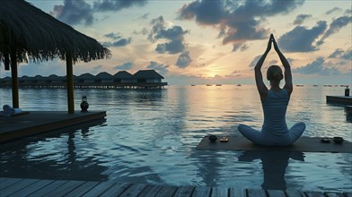 Eine Frau meditiert im Lotus-Sitz auf einem Deck am Wasser waehrend des Sonnenuntergangs, AI