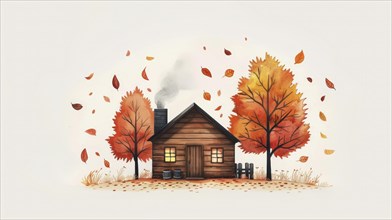 A serene scene of a house with a fireplace surrounded by autumn trees with falling leaves in warm