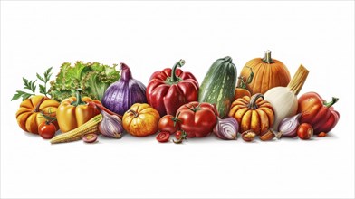 A collection of various realistic vegetables including pumpkins, peppers, zucchini, onions, garlic,