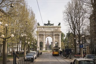 The Peace Gate, Arco della Pace, and Sforza Castle in City of Milan, Lombardy, Italy, Europe