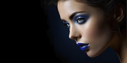 Side view portrait of a woman with blue lips and blue eye shadow, AI generated