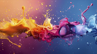 Dynamic splashes of orange, blue, and pink paint in an artistic abstract composition, AI generated