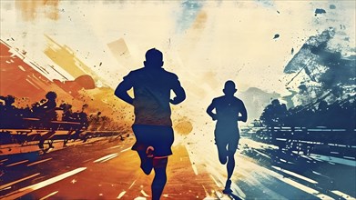 Abstract vintage grungy poster of a group of running athletes, AI generated