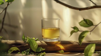 A glass of green tea resting on a wooden branch surrounded by leaves with a warm glow, AI generated