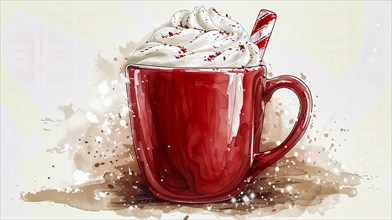 Red mug with whipped cream and a candy cane, evoking a festive and cozy atmosphere in a watercolor