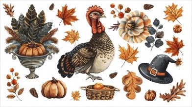 A turkey surrounded by fall elements, pumpkins, leaves, and a pilgrim hat, AI generated