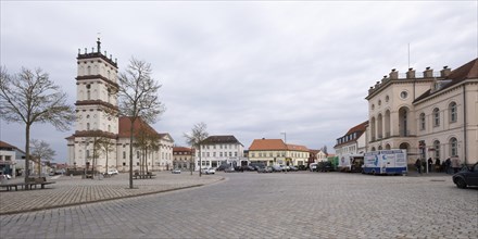 Panorama of the market square with town church, Neustrelitz, Mecklenburg-Vorpommern, Germany,
