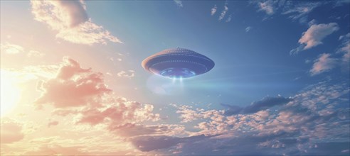 A large, glowing, alien shaped UFO saucer object is flying. UAP, Unexplained Aerial Phenomena, AI