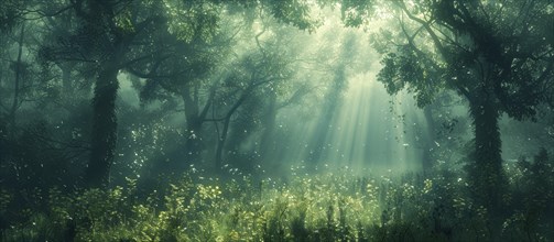 A tranquil and dense forest scene illuminated by soft sunlight that pierces through the thick