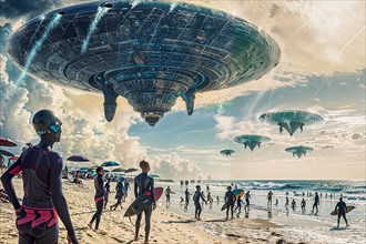 UFOs hover over a busy beach while humans watch and some prepare to surf, AI generated, AI