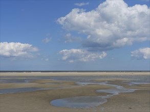 Beach landscape with puddles on the sand, blue sky and white clouds, Baltrum Germany