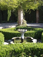 A tranquil garden with a central fountain, surrounded by manicured hedges and shady trees, The city