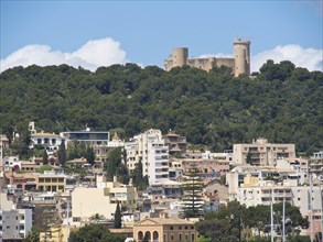 City view with buildings on a hill and a castle in the background, palma de Majorca with its
