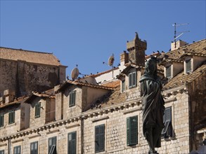 Statue in front of old buildings with tiled roofs and several satellite dishes, the old town of