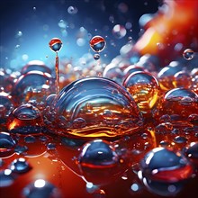 Iridescent bubbles and liquid droplets contained within glistening with an oil like sheen floating,