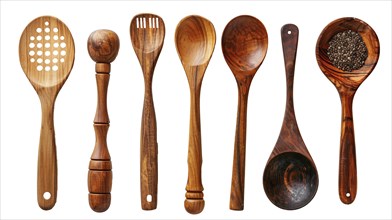 Seven wooden kitchen utensils including spoons, spatulas, and ladles, arranged in a row against a