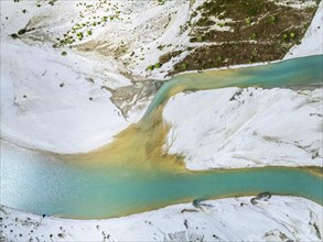 Top Down over Vjosa River National Park from a drone, Wild River, Albania, Europe
