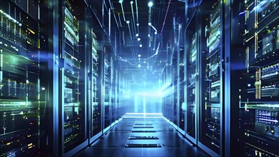 Server racks aligned in rows within a cloud computing data center background and data streams