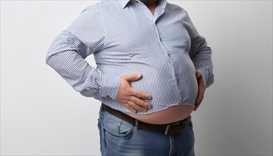 Overweight, A man in a shirt and jeans shows his round fat belly, AI generated, AI generated