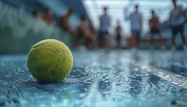 Close-up of a tennis ball on a wet indoor surface with blurred people in the background, AI