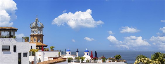Mexico, panoramic view of Puerto Vallarta near sea promenade Malecon, beaches and historic center,