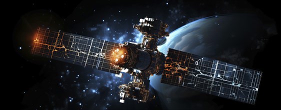 A satellite orbiting the Earth. Concept of satellite communication, internet access and technology,