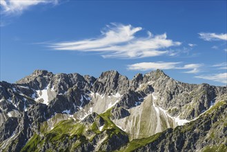 Mountain panorama from Fellhorn, 2038m, to Schuesser, 2259m, Hochgehrenspitze, 2251m and Walser