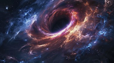 A vibrant black hole in deep space, swirling with ethereal hues of pink, purple, and blue amid a