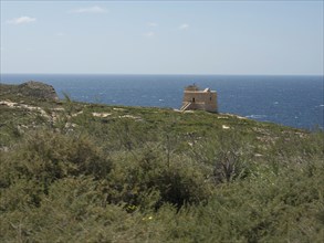 A single watchtower on the coast, surrounded by vegetation and overlooking the sea, the island of