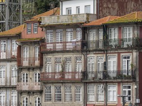 Detailed view of city facades with balconies and windows, The old town of Porto on the Douro River