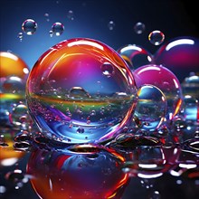 Iridescent bubbles and liquid droplets contained within glistening with an oil like sheen floating,