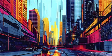 Urban cityscape collage featuring a mosaic of vibrant colors, AI generated