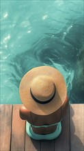 A woman wearing a bigstraw hat is sitting on a pier by the sea. The woman is enjoying the view of