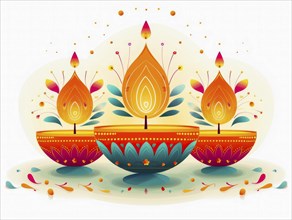 Three colorful oil lamps in detailed mandala designs with vibrant, glowing flames, AI generated