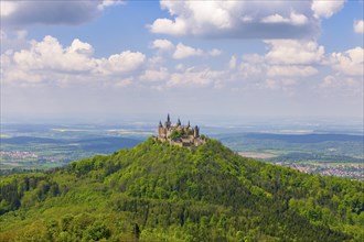Hohenzollern Castle near Hechingen, blue cloudy sky, Zollernalbkreis, Swabian Alb,