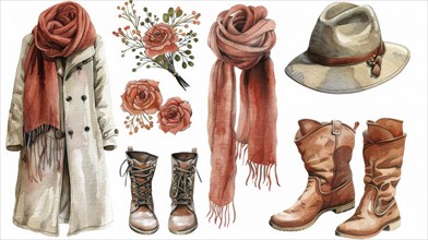 Fashionable fall clothing including a coat, scarves, boots, and a hat paired with autumn flowers in